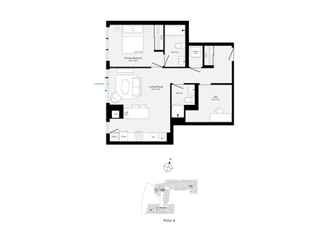 Floor plan for 1 bed, 1.5 baths, 764 sqft